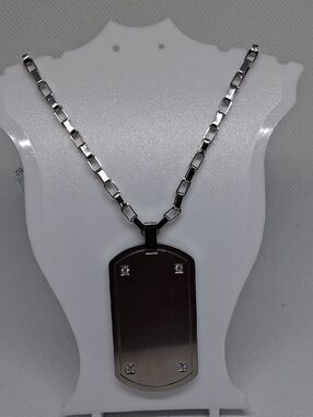 Metro Silver Rectangular Dog Tag Necklace with CZ Accents